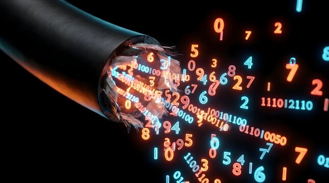 Close up of fiber optic cable transmitting binary code stream representing fast data communication and internet network technology