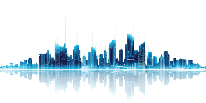 An abstract blue city background featuring a vibrant skyline of skyscraper silhouettes and architectural buildings with a digital equalizer reflecting over the urban downtown landscape
