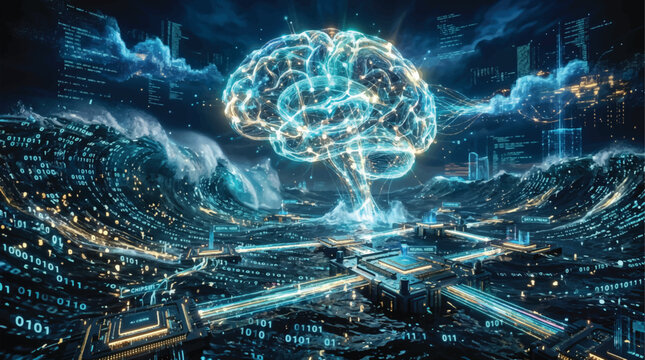 Artificial intelligence brain emerging from abstract digital ocean, neural networks connecting data streams and binary code across intricate circuit board landscape.