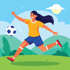 Naklejka premium Woman kicks soccer ball on green field with hills and sunny sky
