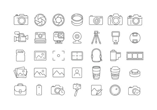 Camera Shutter Icons. Minimalistic set one-line drawing camera, camera shutter, aperture, camera lens, compact camera, DSLR camera, mirrorless camera, video camera, instant camera, action camera,