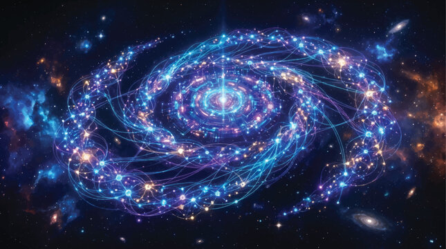 Abstract cosmic spiral galaxy of interconnected glowing particles and energy lines, vibrant blue and purple nebula in deep space, digital network connection.