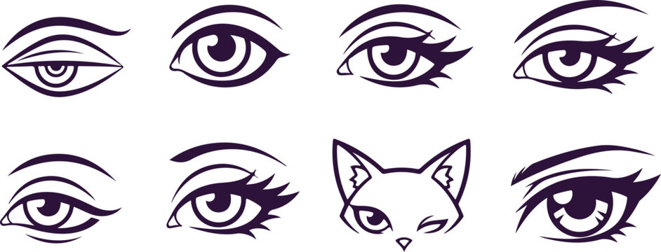 Stylized female eyes with dramatic makeup and a minimalist cat face icon in purple line art.