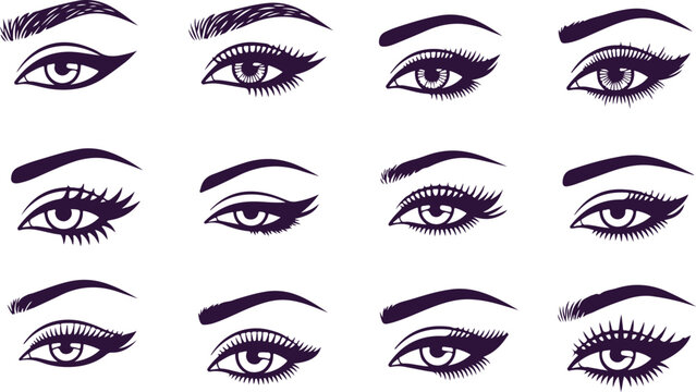 Detailed illustrations of feminine eyes with various makeup styles and voluminous lashes in purple.