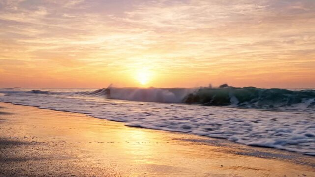 Ocean tide changing on deserted beach at sunset