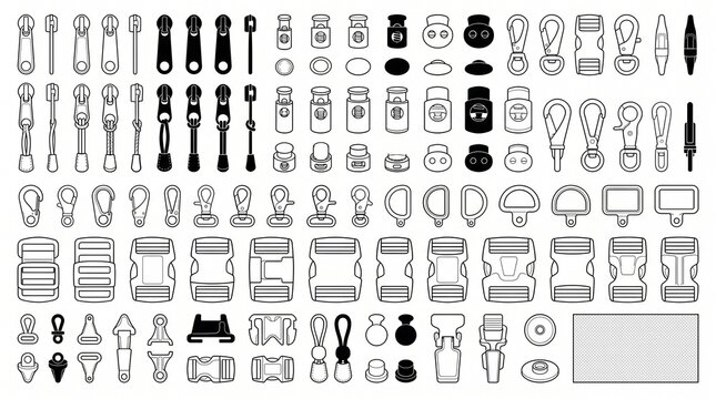 Vector Bag and Garment Accessories Icon Set: Buckles, Zippers, Snap Hooks, and Cord Locks for Sewing and Manufacturing