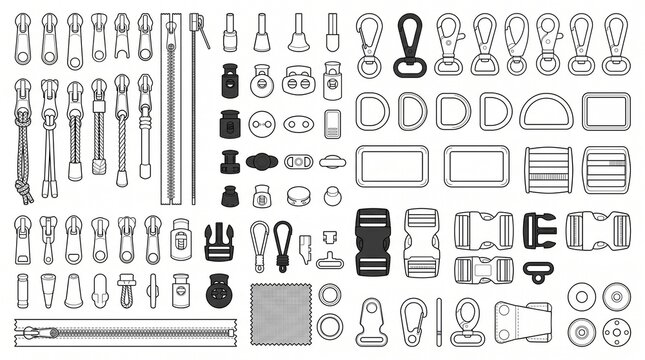 Large Collection of Bag Hardware and Garment Accessories Vector Icons: Zippers, Buckles, Carabiners, and Cord Locks