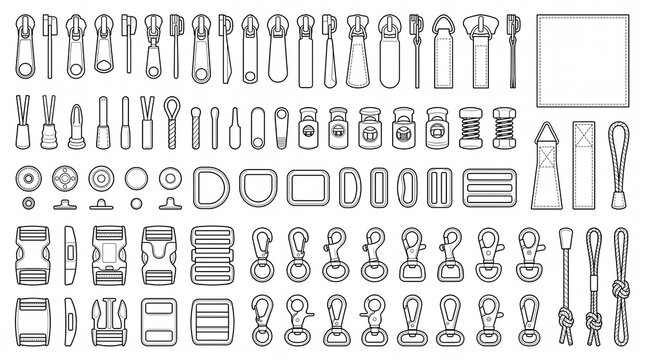Bag and Garment Accessories Hardware Line Art Icons Set - Zippers, Buckles, Clasps, and Cord Locks Vector Illustration
