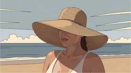Woman wearing a large straw hat stands on a sunny beach by the ocean © Stock Image Paradise