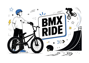 Naklejka premium BMX Bike Silhouette Banner. A clean editorial banner about BMX bike silhouette, cycling tricks, street sport, balance, motion, and freestyle riding, showing one geometric rider beside an oversized BMX