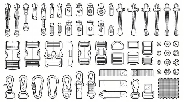 Set of Bag and Garment Hardware Vector Line Art: Buckles, Zippers, Carabiners, and Cord Locks for Technical Design