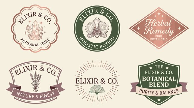 Vintage botanical logo and badge collection for herbal remedy and elixir brands