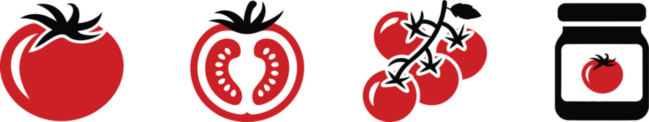 Tomato, icon set, whole tomatoes slices vine tomatoes and sauce jar symbols for food cooking and nutrition design © Mr. Kha