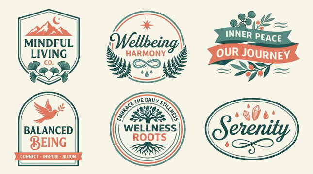 Aesthetic collection of vintage badges showcasing themes of mindful living, natural harmony, and holistic well-being for a serene existence