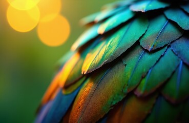 Fototapeta premium Close-up of iridescent bird feathers in vibrant teal green and orange colors. Soft yellow bokeh lights in background. Macro view of natural texture detail.