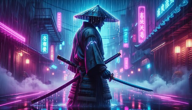 Cyberpunk samurai warrior in a neon rainy street