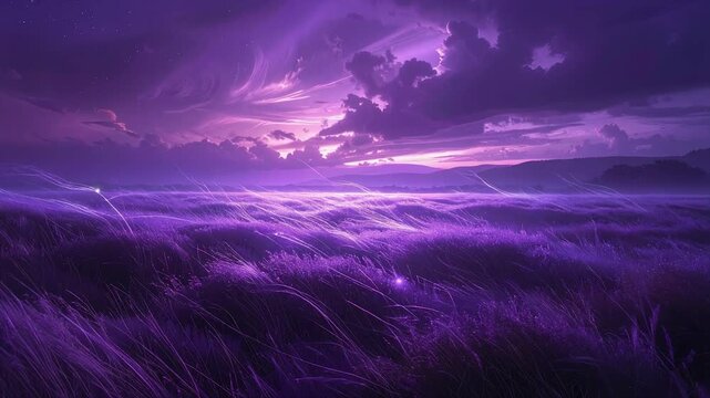 Deep purple haze field with glowing thread patterns drifting slowly through smooth abstract space