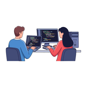 Two software developers working together on computer code at a desk