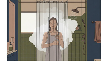 Woman stands behind shower curtain in bathroom with steam © Stock Image Paradise