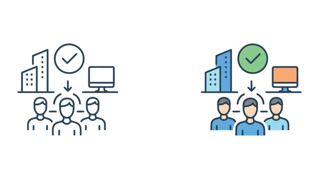 Corporate project approval and professional workflow management icon set with building and monitor elements featuring colorful flat design and outline vector styles for business application UI