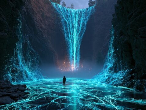 Mystical glowing waterfall in a cavern with a solitary figure observe