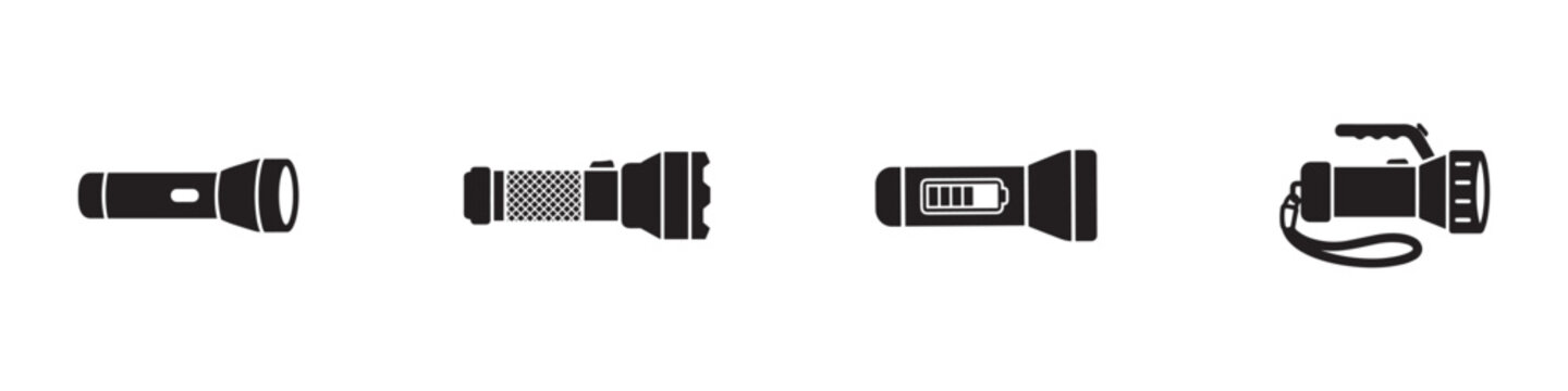 Flashlight icon set. Tactical hand lamp, battery powered searchlight and emergency lighting symbols. Vector illustration.