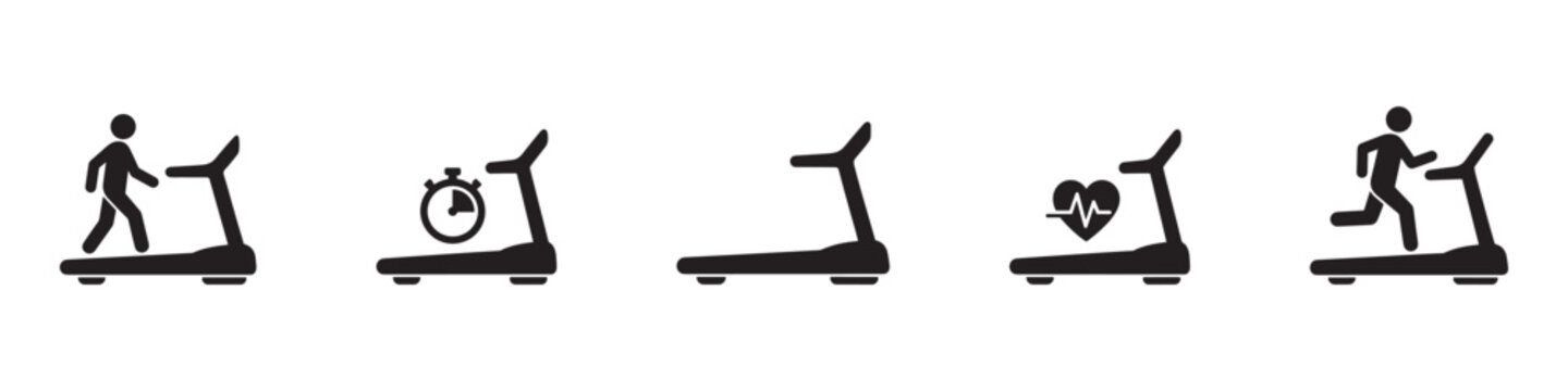 Treadmill icon set. Fitness training, cardio exercise, gym equipment and healthy lifestyle symbols. Vector illustration.