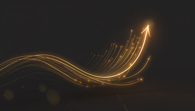 Abstract economic concept with smooth elegant wave lines of glowing golden laser light ascending rapidly as an arrow icon