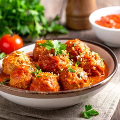 Meatballs with tomato sauce, green herbs and garnish © Giuseppe Cammino