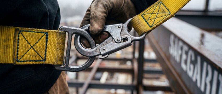Safety harness carabiner snap hook securing construction worker fall protection equipment on industrial high-altitude steel structure building site, occupational safety compliance and PPE concept.