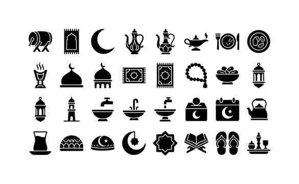 Ramadan Ritual Glyphs. Solid glyph icon set of islamic and holiday worship objects: eid drum, prayer mat, ramadan crescent, ghusl pitcher, arabic lamp, fasting plate, incense burner, mosque dome,