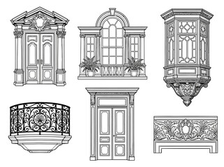 Fototapeta premium Architectural elements set featuring ornate doors windows balconies and decorative classical building facade line art illustrations