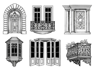 Fototapeta premium Architectural elements collection featuring vintage windows doors balconies and decorative classical building facade line art designs