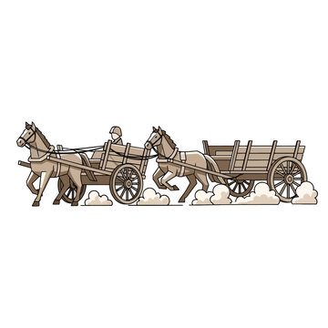 A pair of horses pulling a wooden cart across a dusty path