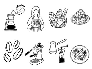 Obraz premium Coffee set icons featuring brewing equipment bakery items and delicious breakfast food on white background
