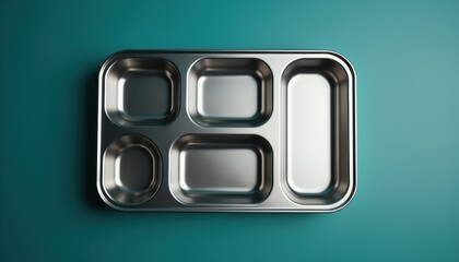 Naklejka premium Empty metal food tray with sections sits on a flat teal surface. Divided plate is clean and ready for meals, ideal for lunch or dinner settings.