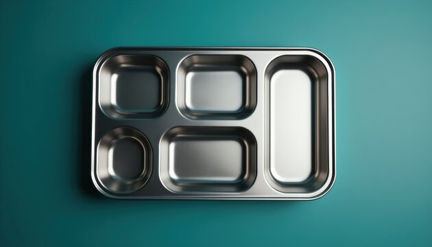 Empty metal food tray with sections sits on a flat teal surface. Divided plate is clean and ready for meals, ideal for lunch or dinner settings.