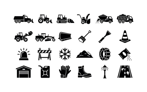 Winter Snow Glyphs. Solid glyph icon set of snow removal vehicles and winter maintenance: snowplow truck, tractor, bulldozer, snow blower, salt spreader, dump truck, loader, road grader, plow blade,