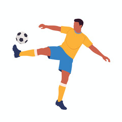 Obraz premium A soccer player kicks ball with leg stretched out in action