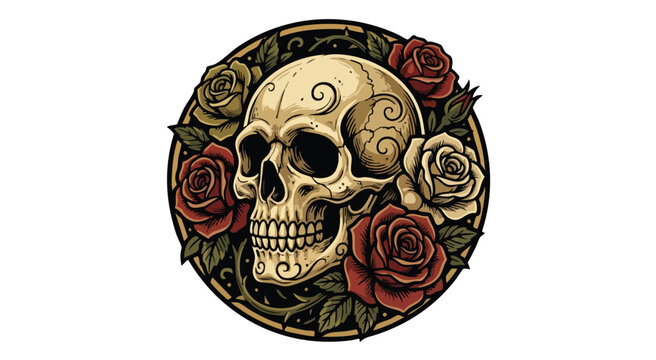 Ornate skull with roses in vintage tattoo style