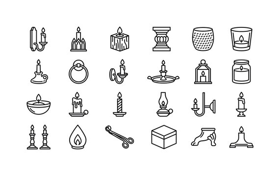 Antique Flame Decor. Line icon set of decorative candle and holder styles: wall candle bracket, gothic candle stand, rustic wood block, carved stone pedestal, hammered copper cup, glass votive,