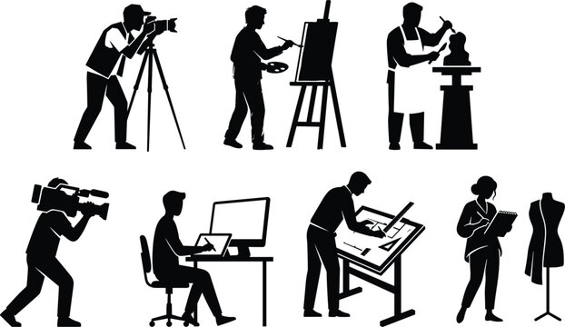 PrintCreative professions and artists vector silhouette icons set featuring painter photographer sculptor videographer digital designer architect and fashion designer
