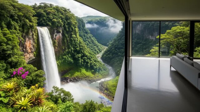 Spectacular Waterfall Vista Framed by Modern Architecture Serene Tropical Escape Experience