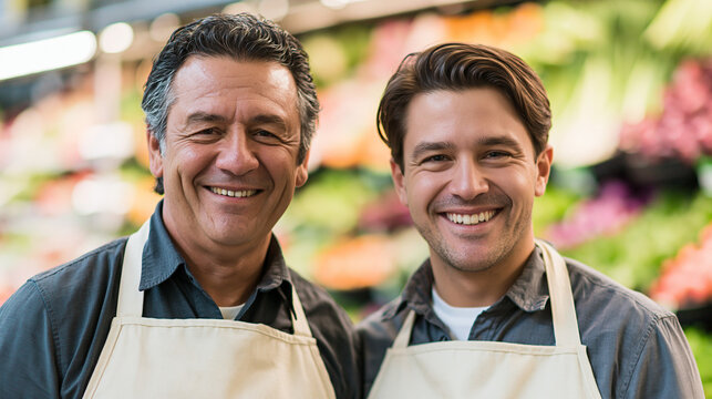 Trabajadores de supermercado felices posando en la secci&oacute;n de productos frescos. Concepto de negocio familiar, comercio minorista y excelente atenci&oacute;n al cliente. Imagen generada por IA