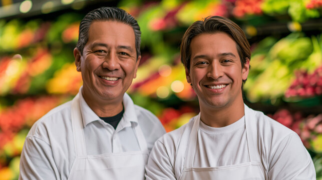  Portrait chaleureux de deux vendeurs de supermarch&eacute; souriants en tablier blanc, posant devant le rayon des fruits et l&eacute;gumes frais. Concept de commerce de proximit&eacute;, d'alimentation saine et de servic