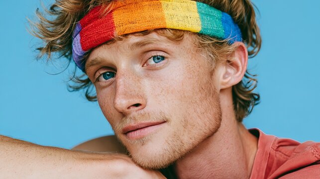 A young man with a rainbow-colored headband looks relaxed and confident in front of a blue background