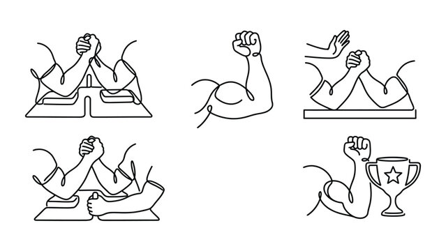 Set of arm wrestling and strong arm continuous line art illustrations.