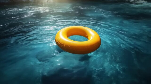 Bright yellow inflatable ring floating on clear blue water