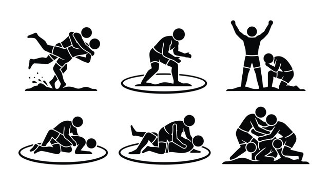 Set of black silhouette stick figures depicting various wrestling and grappling techniques.