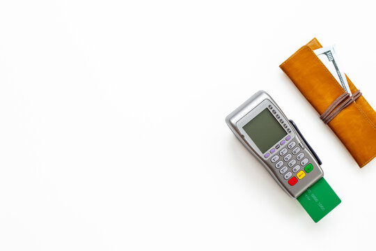 Cashless payment lifestyle - credit card, wallet and POS terminal, modern personal finance, flat lay top view